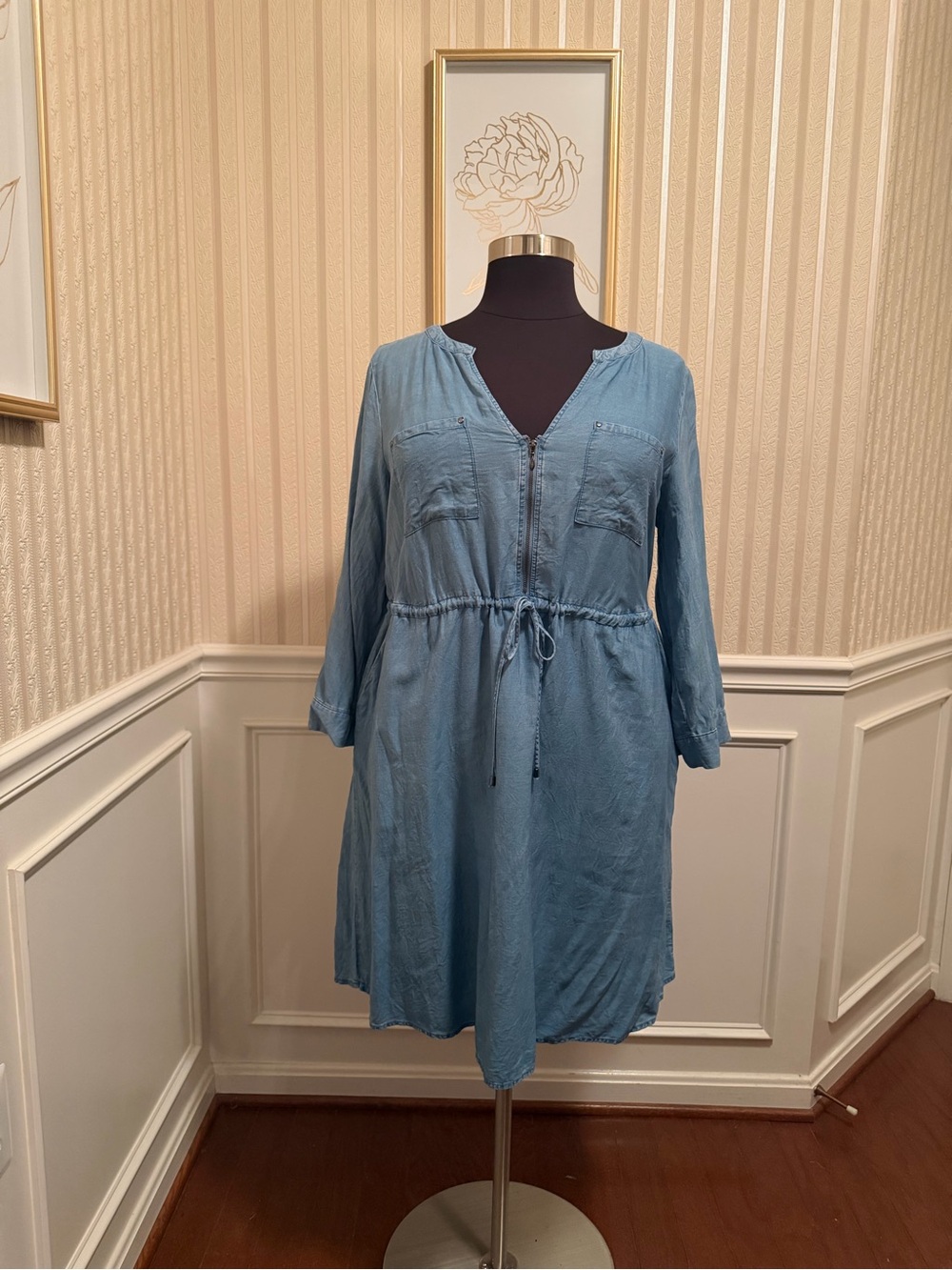 Light Blue Chambray Drawstring Shirt Dress